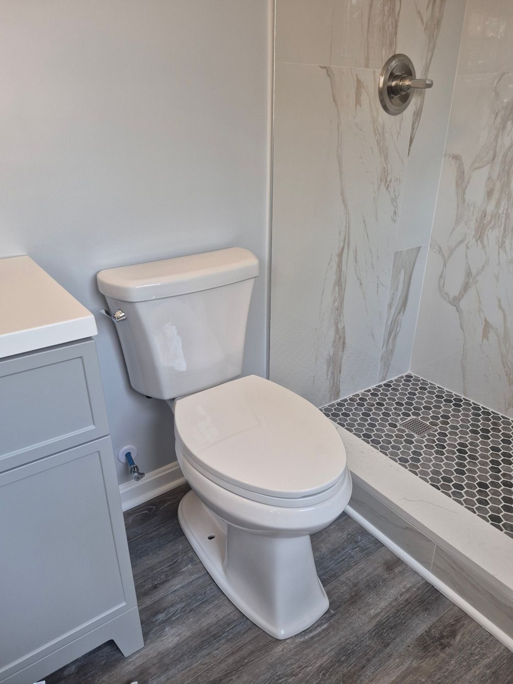 New toilet, vanity and tiled shower